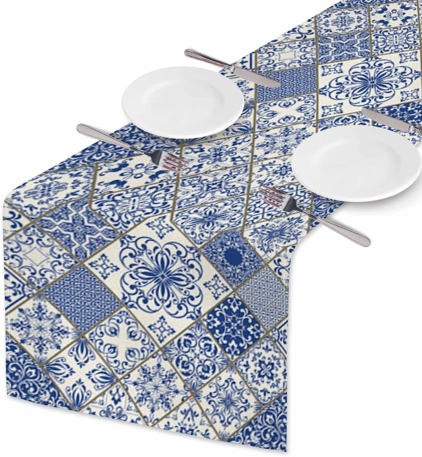 Linum Home Textiles - Blue White Patchwork Tile Linen Table