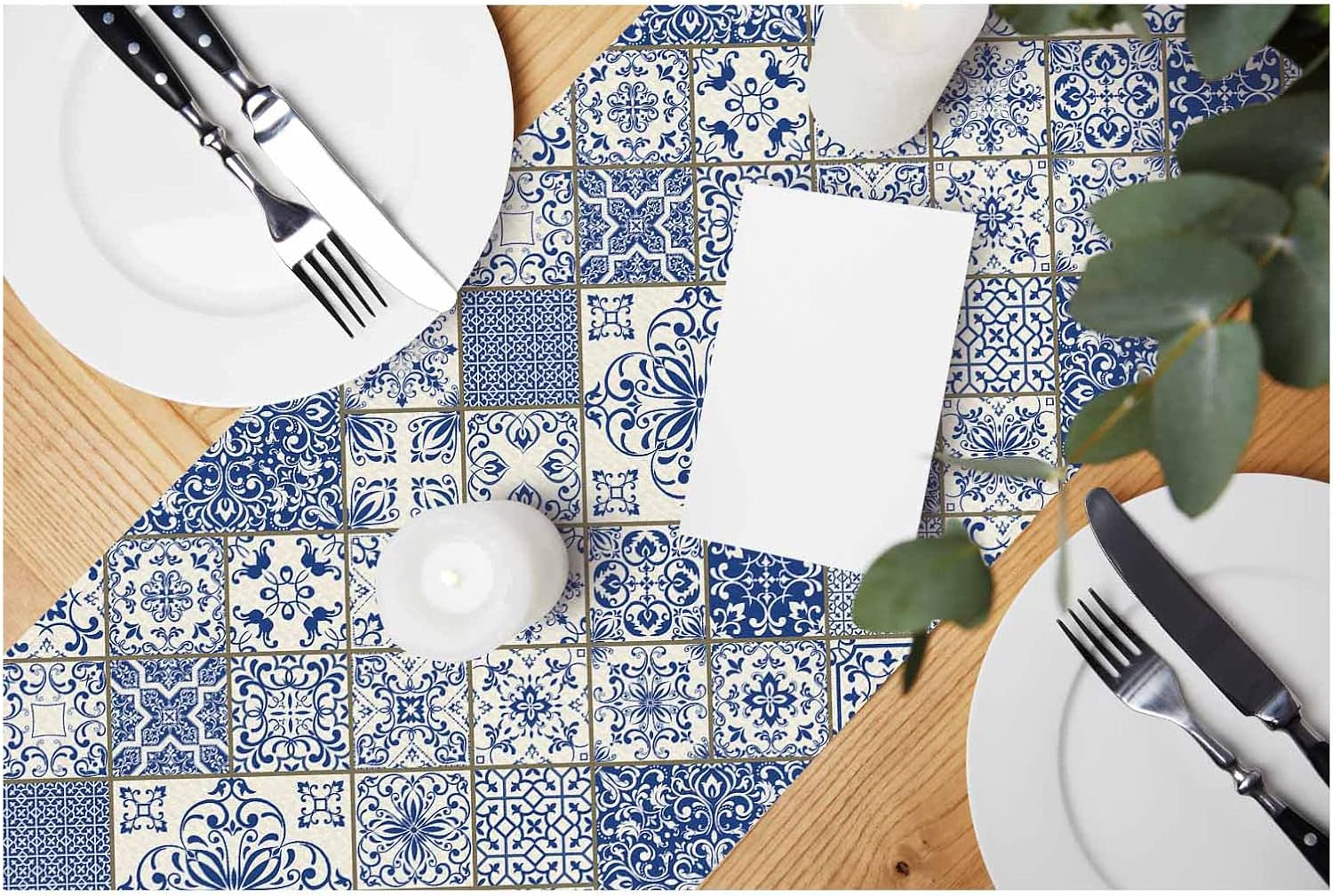 Blue White Patchwork Tile Line - Linum Home Textiles avis et prix